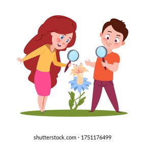 Children look on flowers. Young biologist, biology lessons on nature. Isolated cartoon boy girl with magnifier vector illustration