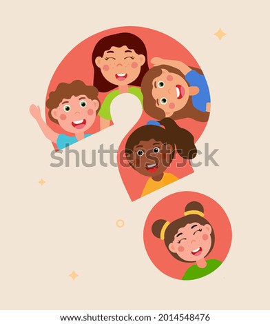 Children look out from a large question mark. Curious little girls and boys ask questions and look for answers. Knowledge of world. Cartoon flat vector illustration isolated on a pink background