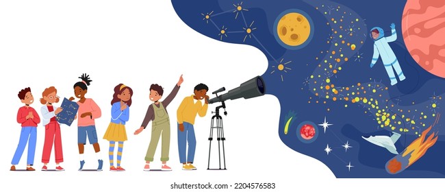 Children Look In Telescope, Curious Little Boys and Girls Study Astronomy Science. Kid Characters Observe Sky with Moon, Stars, Milky Way and Astronaut in Space, Cartoon People Vector Illustration