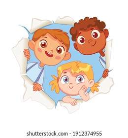 Children look through a torn paper hole. Funny cartoon character. Vector illustration. Isolated on white background