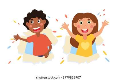 Children look through a torn paper hole. Template for advertising brochure. Flat abstract metaphor cartoon vector illustration concept design. Isolated on white background.