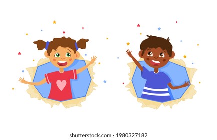 Children look through a torn paper hole. Template for advertising brochure isolated on white background. Flat abstract metaphor cartoon vector illustration concept design online web banner.