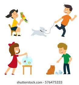 children are looked after, are trained and play with their pets. vector illustration.