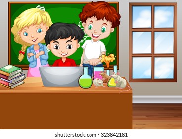 Children looking at computer in classroom illustration