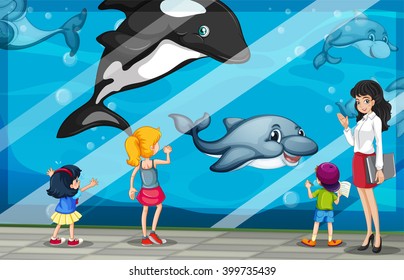 Children looking at dolphins at the aquarium illustration