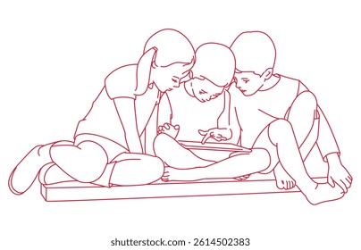 children looking down at digital tablet