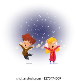 Children looking first snow falling.Cartoon vector illustration