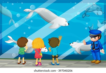 Children looking at fish at the aquarium illustration