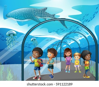 Children looking at fish in aquarium illustration