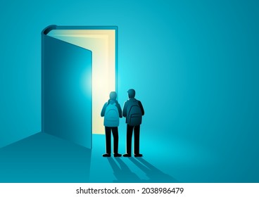 Children looking inside the giant book, vector illustration