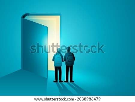 Children looking inside the giant book, vector illustration