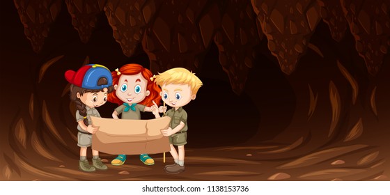 Niños mirando el mapa en la ilustración de las cavernas