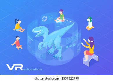 Children looking on Dinosaur in Virtual Glasses. Virtual Reality VR Education Online Isometric Flat vector illustration.