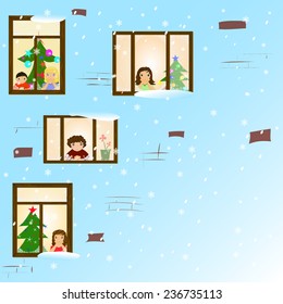children looking out of winter windows,  christmas decoration  rooms, blue wall at house, its snowing, vector illustration