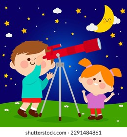 Children looking at the stars at night with a telescope. Vector illustration