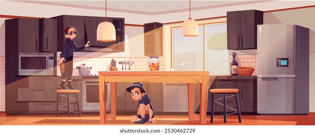 Niños buscando dulces en la cocina. Ilustración de dibujos animados de Vector de adolescente y niño en trajes de espía negros buscando cajón, sentado en el suelo debajo de la mesa, traviesos hermanos adolescentes jugando juntos