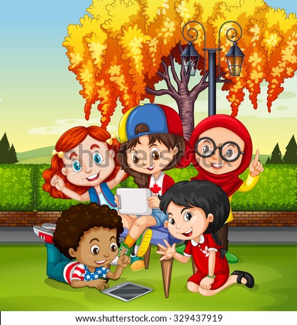 Children looking at tablet in the park illustration