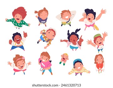 Children looking up. Kids look-up top view, school or kindergarten multicultural child watching sky, boys and girls fun characters above overhead vector illustration of kid girl and boy cartoon