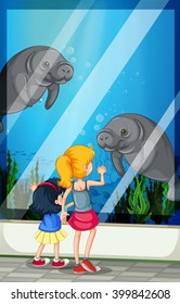 Children looking visiting aquarium illustration