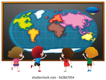 Children looking at worldmap poster illustration