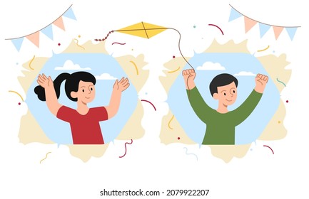 Children looks through holes in poster. Active friends want to play outside with kite. Metaphor for entertainment and active recreation. Schoolchildren, firstgraders. Cartoon flat vector illustration