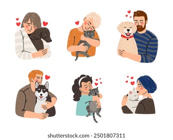 Children love dogs and cats vector on white background. Kids hug puppies. People and pets friendship, happy lifestyle colorful illustration authors work