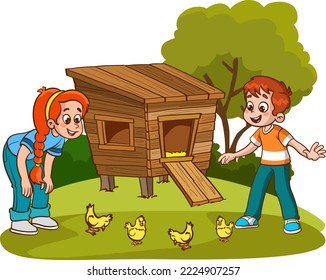 children loving a cute chick vector illustration