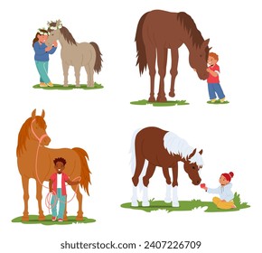 Children Lovingly Care For Horses, Feeding Them Apples, Hugging, Kid Characters Creating A Heartwarming Scene Of Friendship And Trust In The Serene Stable Setting. Cartoon People Vector Illustration