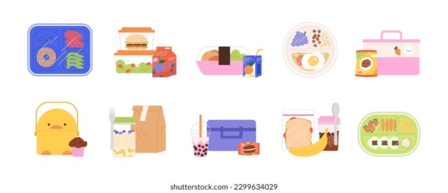 Comida para niños, tentempiés. Mochila, pan de sándwich, frutas y bebidas. Jardín infantil o desayuno escolar, se llevan las comidas racy vector set