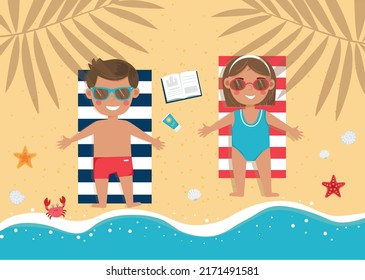 Children Are Lying On The Beach. Boy And Girl Are Sunbuthing. Cute Little Children On Vacation. Kids Are Sunbathing On Towels On The Beach. Summer Time, Holiday. Vector Illustration.