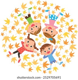 Children lying on a bed of ginkgo leaves