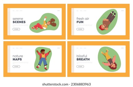 Children Lying On Green Meadow Landing Page Template Set. Characters Enjoying The Outdoors, Surrounded By Nature's Beauty, Laughing, And Playing Together. Cartoon People Vector Illustration