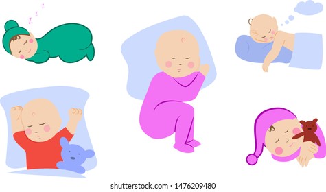 Children lying on pillow under blanket. Set with cute little baby sleeping. Boy with teddy bear in bed. Girl sleep on stomach. Different sleeping positions. Sketch style. Vector illustrations.