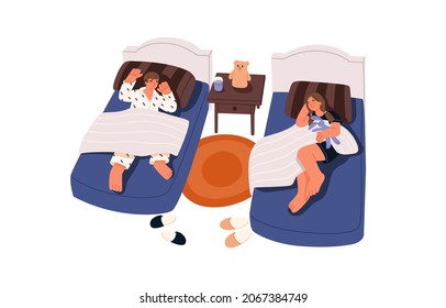 Niños acostados y durmiendo en camas en casa. Niños somnolientos descansando en el dormitorio. Niñito y niña durmiendo en almohadas. Los niños sueñan dulce noche. Ilustración vectorial plana aislada en fondo blanco