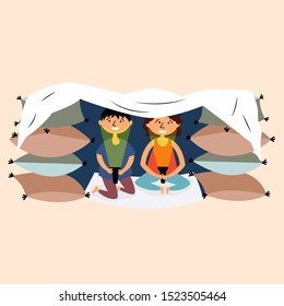 Children made a pillow and a blanket-fortress. Children's building. Fortress made of pillows. Secret house of children. Pajama party. Children's tent made of wooden chairs and blankets. Vector