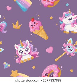 Children magic background with cute Unicorn, donut, ice cream cone, star and  rainbow. Kids pattern in kawaii style. Vector illustration.