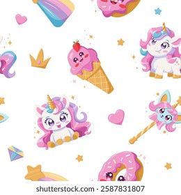 Children magic pattern with cute Unicorn, donut, ice cream cone, star and rainbow. Kids white background in kawaii style. Vector illustration.