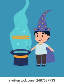 Children magic poster. Childrens cute greeting card. Vector illustration