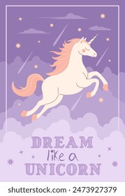 Children magic poster. Fantasy character postcard. Dream like unicorn.  Magic horse in clouds