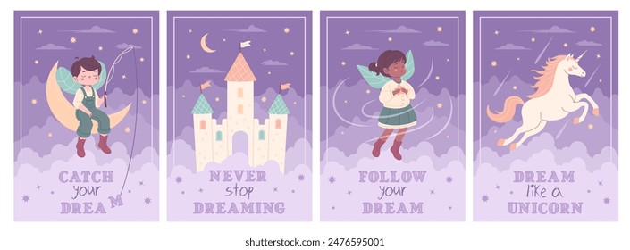 Children magic poster set. Fantasy character postcard with inspirational phrases