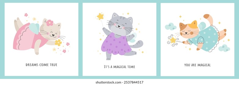 Children magic posters set with fairy tale cats