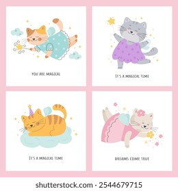 Children magic posters set with fairy tale cats