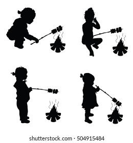 children make barbecue on fire silhouette illustration in black