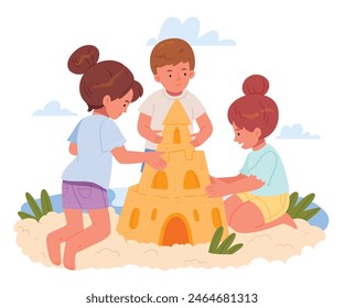 Children make a castle out of sand.Outdoor leisure and activities at coastline in hot weather, summertime. Cartoon flat vector illustration