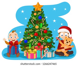 Children make out the gifts near the Christmas tree. New year