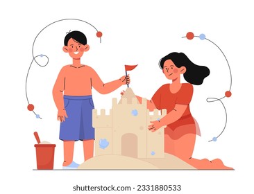 Children make sand castle on beach. Boy and girl with building and flag, ancient fort. Outdoor leisure and activities at coastline in hot weather, summertime. Cartoon flat vector illustration