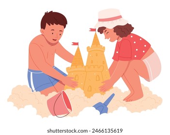 Children make sand castle on beach. Boy and girl with building and flag, ancient fort. Outdoor leisure and activities at coastline in hot weather, summertime. Cartoon flat vector illustration