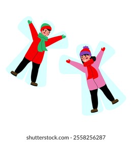 Children make a snow angel. Winter games in the fresh air. Vector illustration in flat style