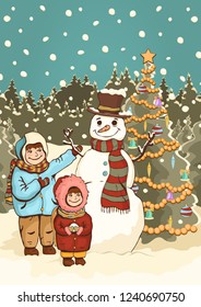 Children make snowman, cartoon colorful drawing, vector illustration. Painted cute boy and girl, funny snowman and New Year's decorated Christmas fir-tree in the park with snow and falling snowflakes