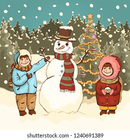 Children make snowman, cartoon colorful drawing, vector illustration. Painted cute boy and girl, funny snowman and New Year's decorated Christmas fir-tree in the park with snow and falling snowflakes